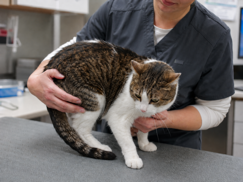 Veterinary professional examining a cat during a pain-management evaluation