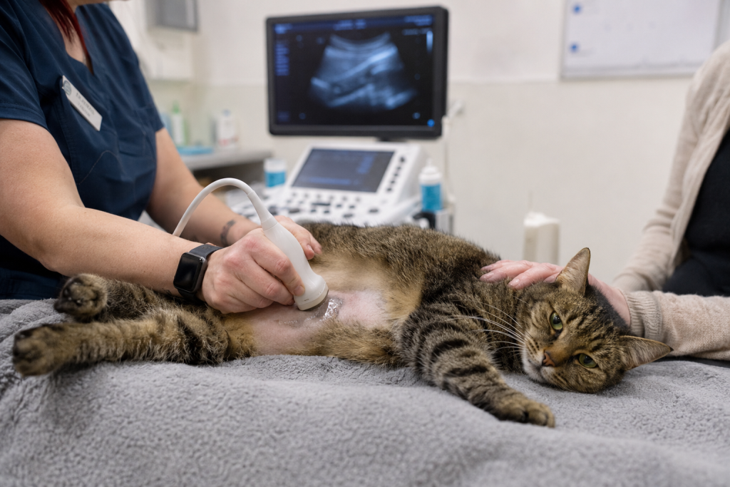 Veterinary professional performing an ultrasound exam on a cat