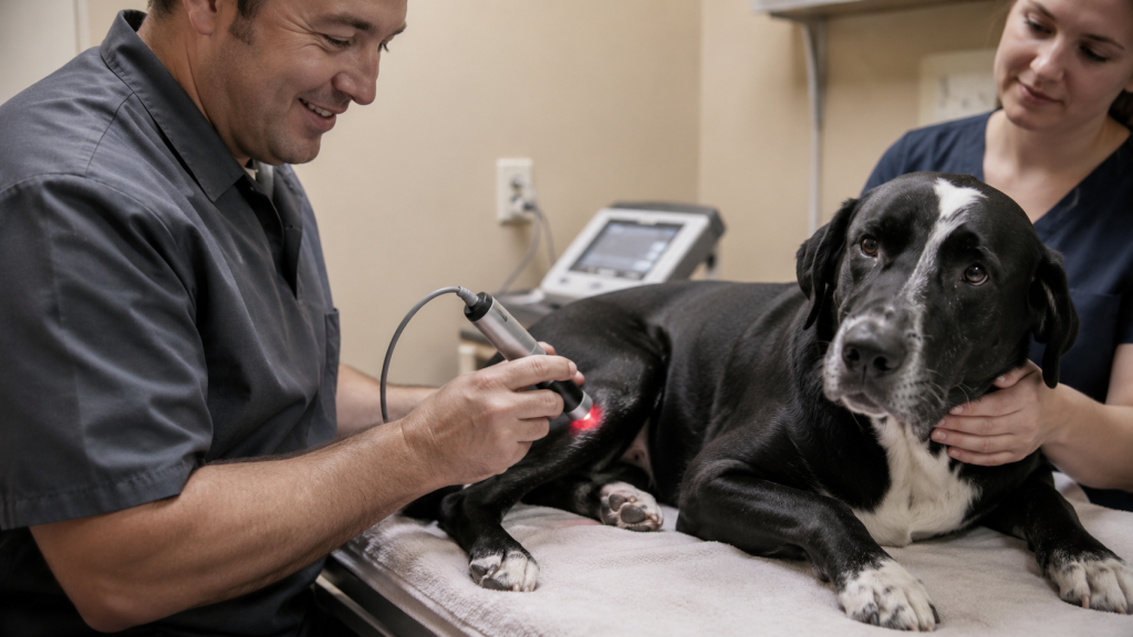 Veterinary professional performing laser therapy on a dog