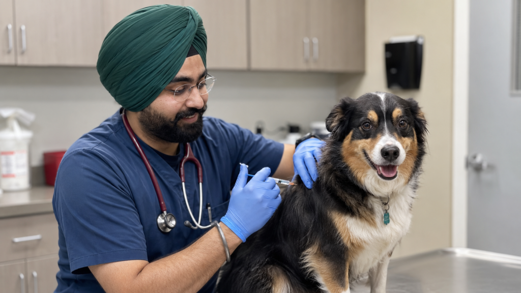 Dr. Deol administering a vaccination to a dog