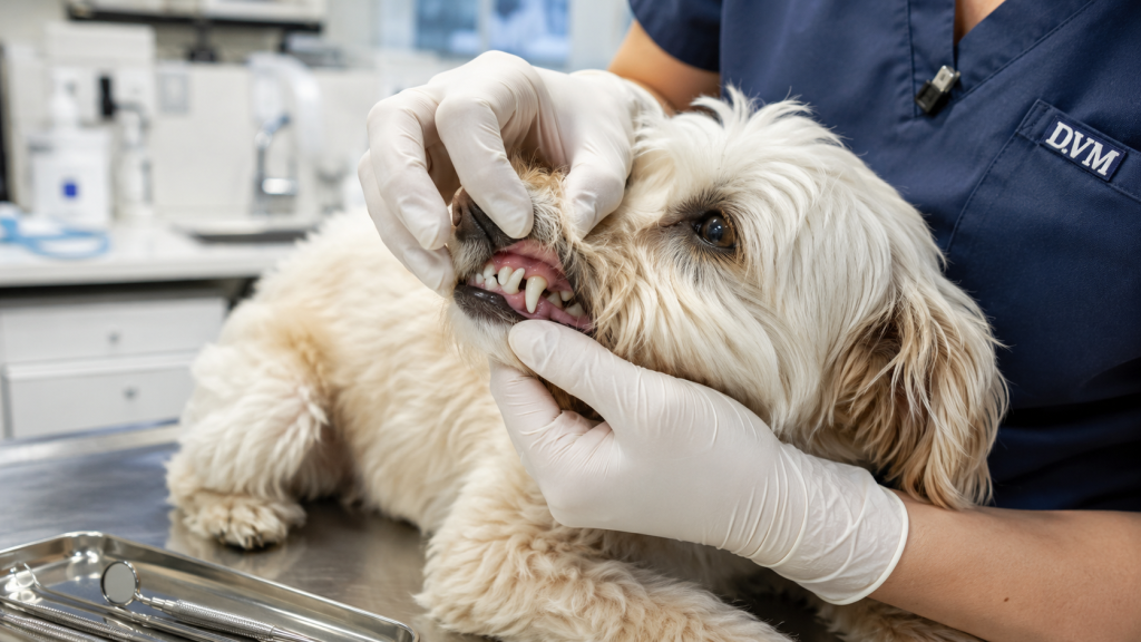 Veterinary professional examining a dog's teeth during a dental exam