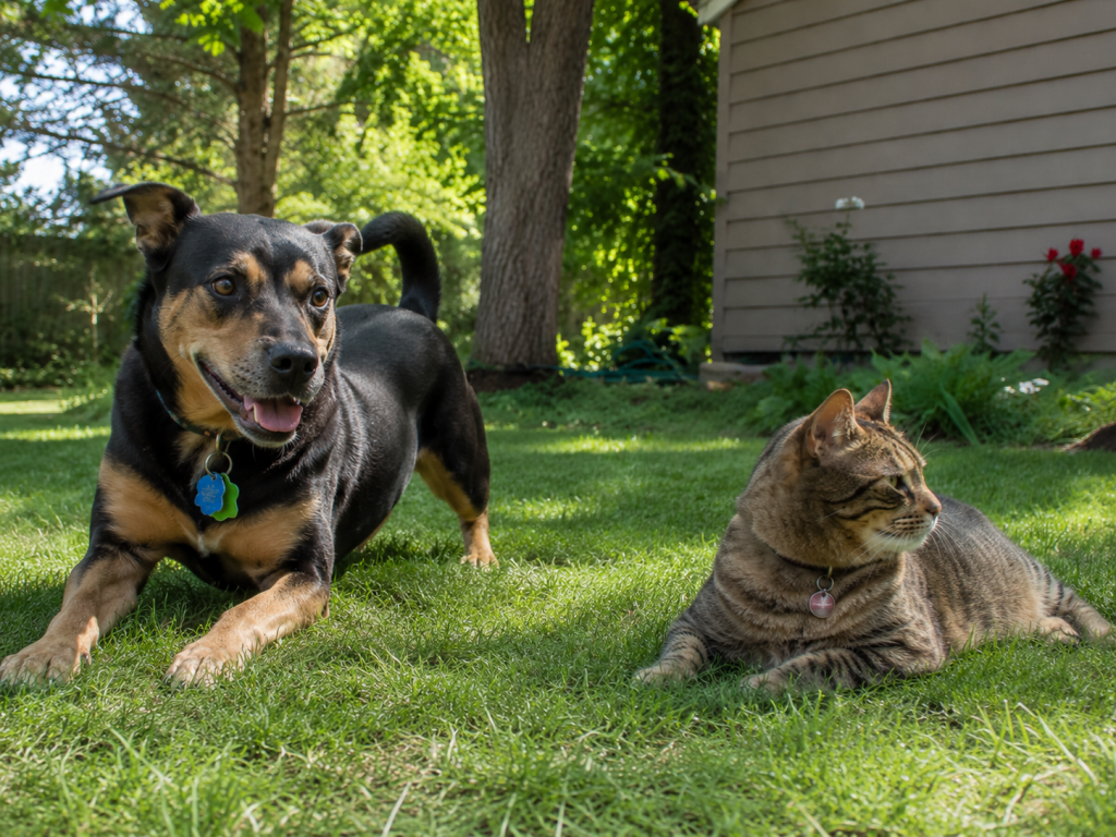 Playful dog and relaxed tabby cat outdoors in a sunny backyard