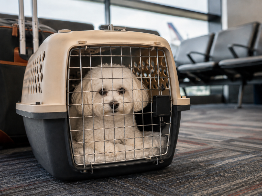 Small white dog in a travel kennel at an airport before pet travel