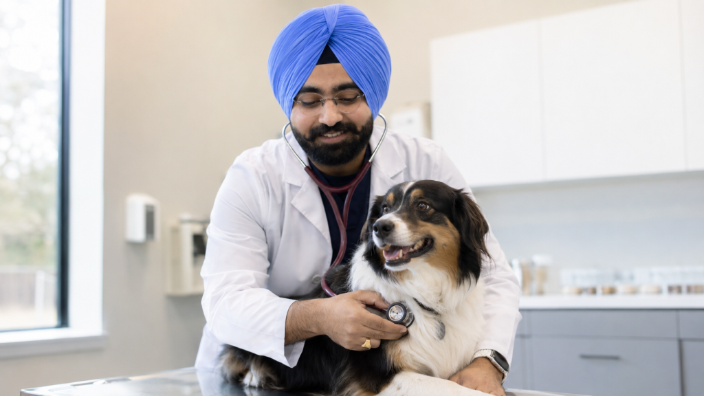 Dr. Deol performing a wellness exam on a dog