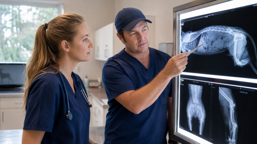Veterinarians reviewing pet X-rays in a veterinary clinic