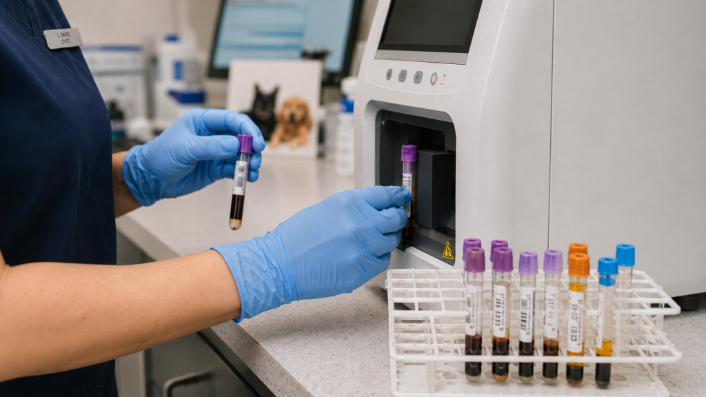 Gloved hands preparing blood samples for veterinary lab testing