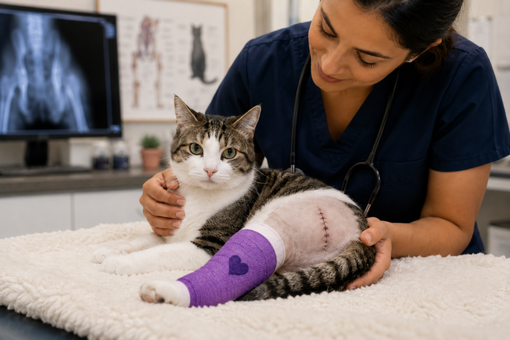 Cat resting after arthrodesis surgery with veterinary support