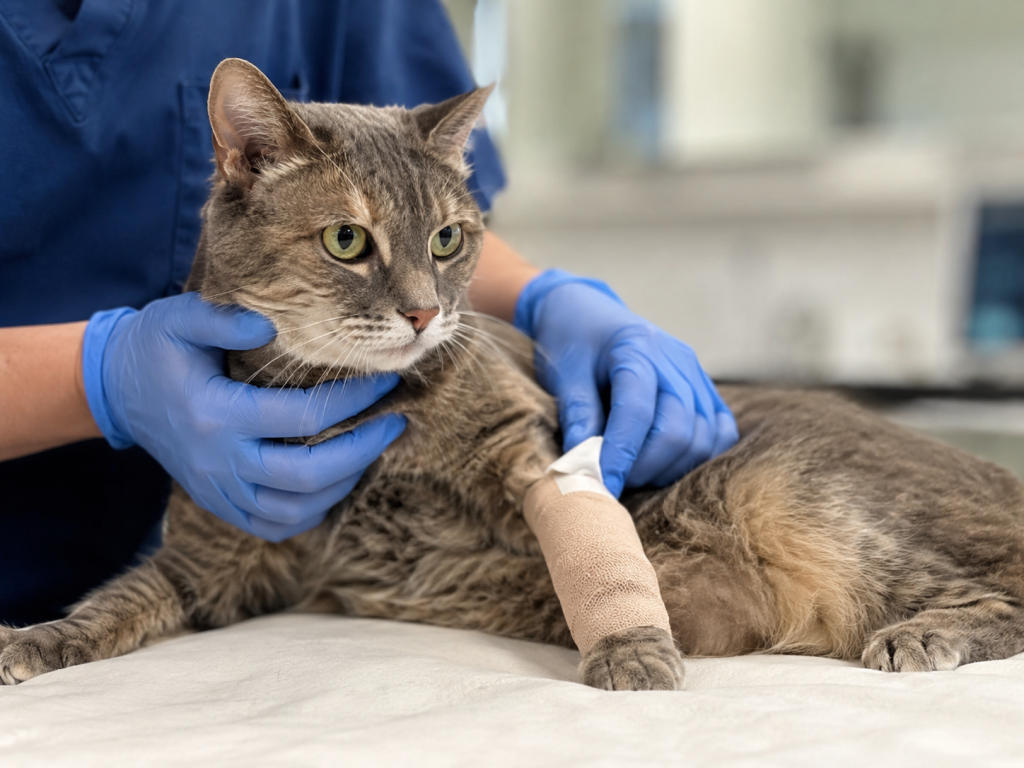 Veterinary professional gently supporting a cat during a bone plating fracture evaluation