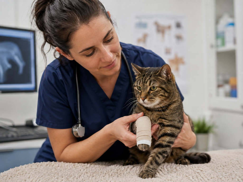 Veterinary professional gently supporting a cat’s bandaged paw during a fracture repair evaluation