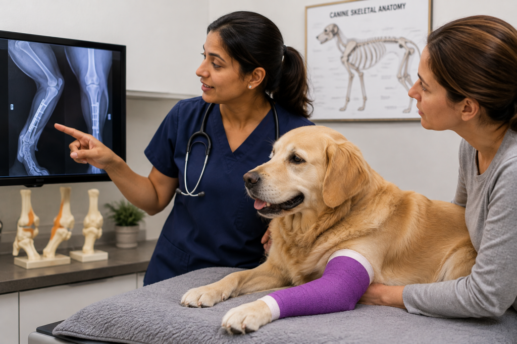 Veterinarian reviewing corrective osteotomy X-rays with a dog and owner