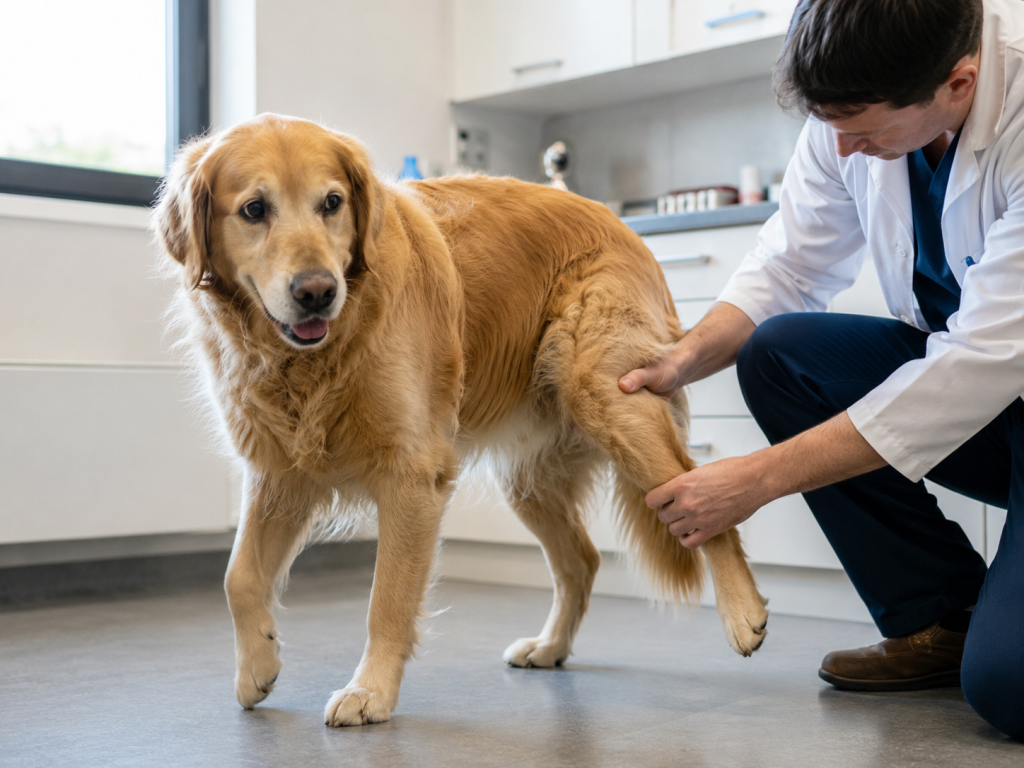 Dog receiving a hind-leg orthopedic exam for cruciate ligament repair