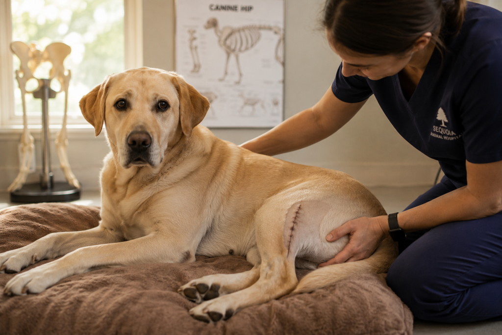 Dog resting after FHO hip surgery with veterinary support