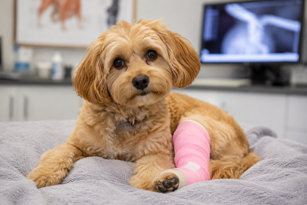 Small dog with a bandaged leg during a patellar luxation evaluation