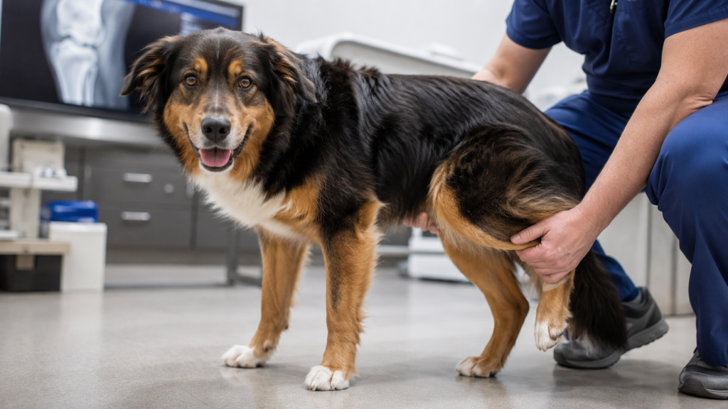 Dog receiving an orthopedic knee evaluation for TPLO surgery