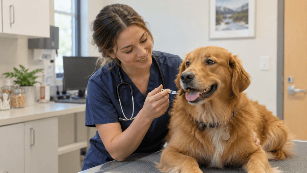 Veterinarian giving a vaccination to a dog during an exam