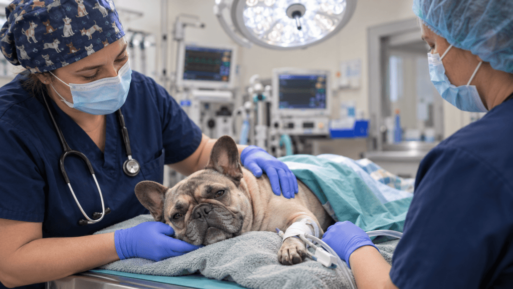 Veterinary team caring for a French Bulldog during soft tissue surgery preparation at Sequoia Animal Hospital