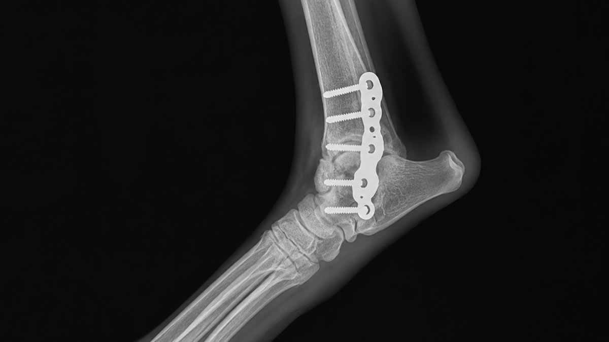 Canine X-ray showing arthrodesis with plate-and-screw fixation